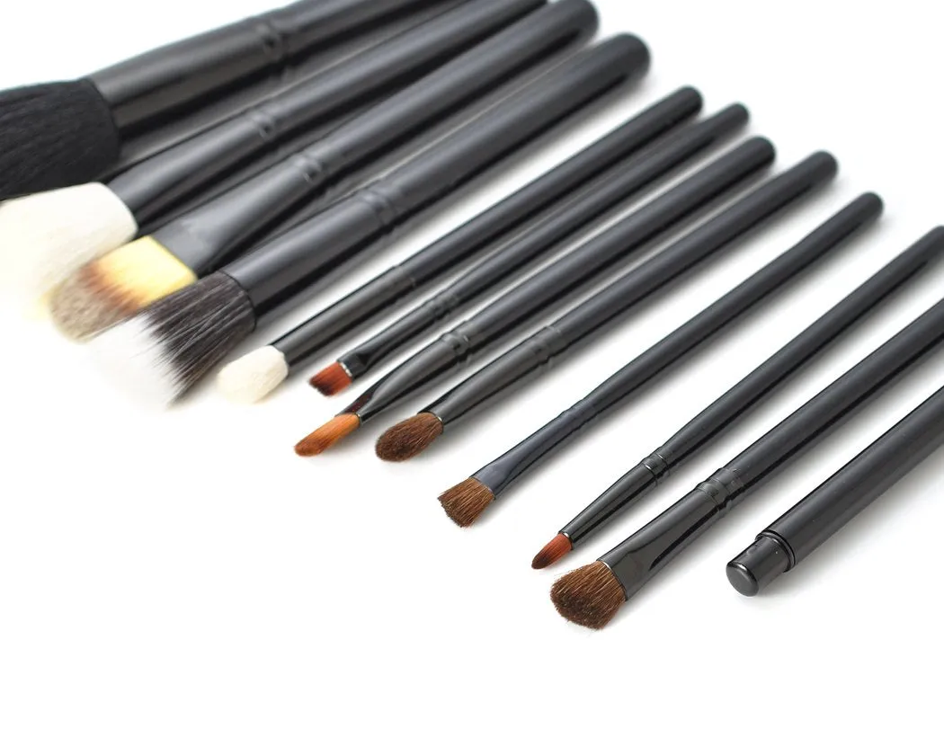 12 Pcs Professional Makeup Brush Set with Cup Holder - Black