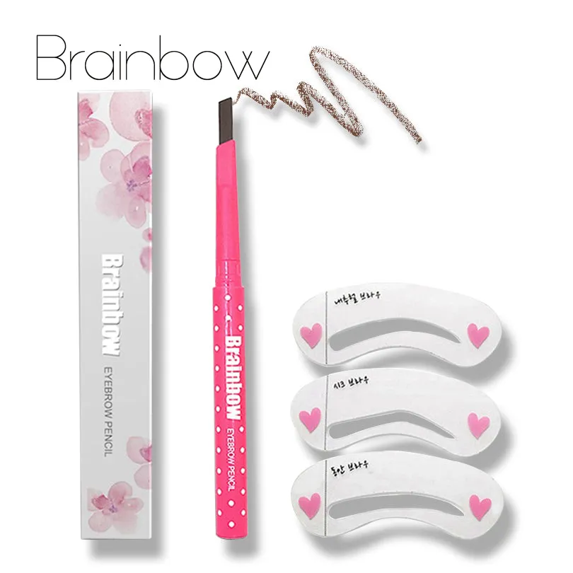 Brainbow Eyebrow Pencil Longlasting Waterproof Durable Automaric Eyebrow Liner 3 Eyebrow Shape Stencils Grooming Kit Makeup Tool