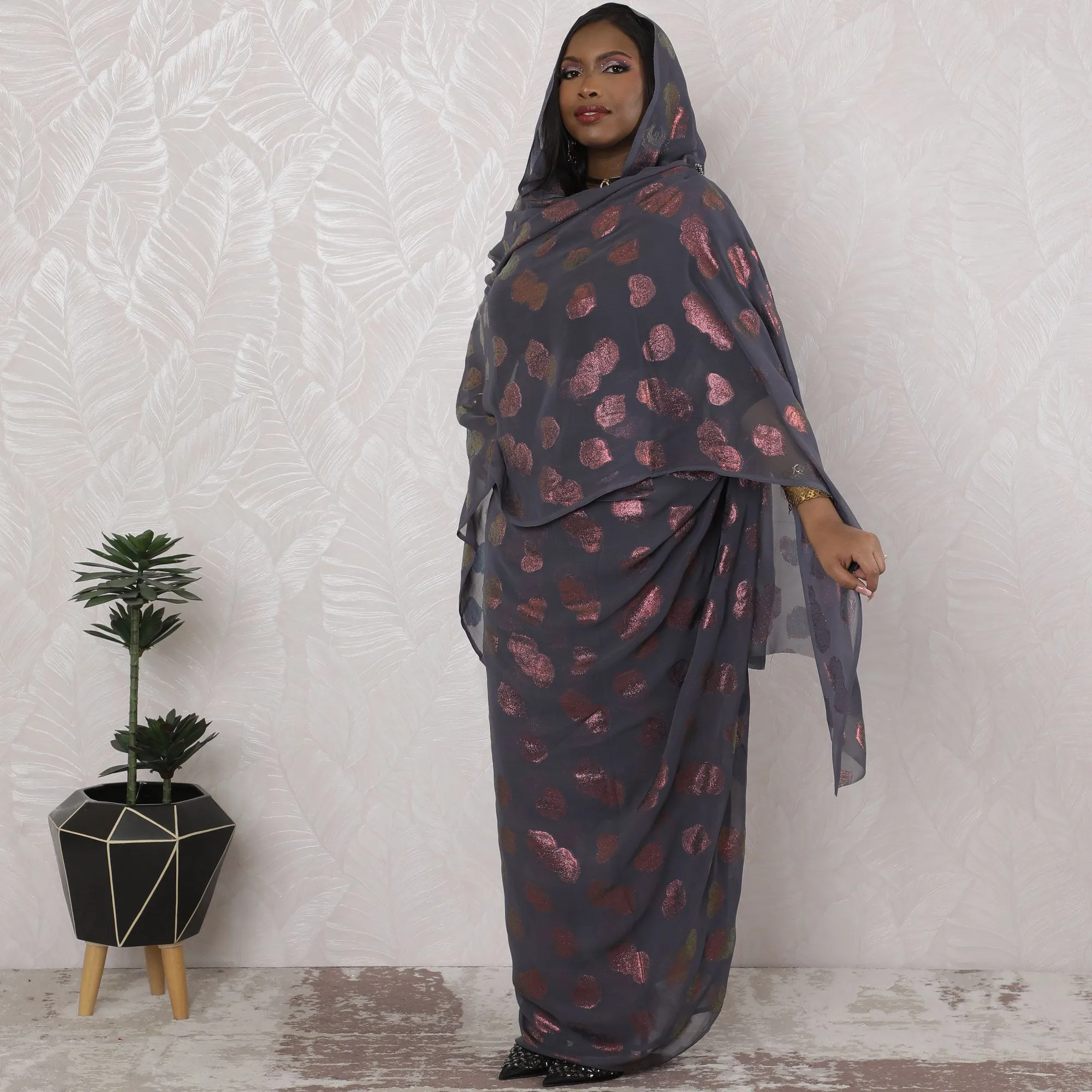 Charcoal Elegance Traditional Sudanese Thobe - Synthetic Chiffon with Metallic Lurex, 110cm Width, 4.5 Mtrs Piece-D18445