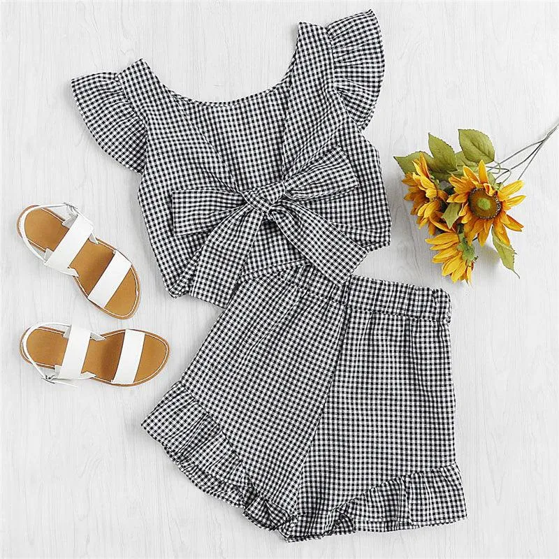 GINGHAM RUFFLED BOW SHORTS SET