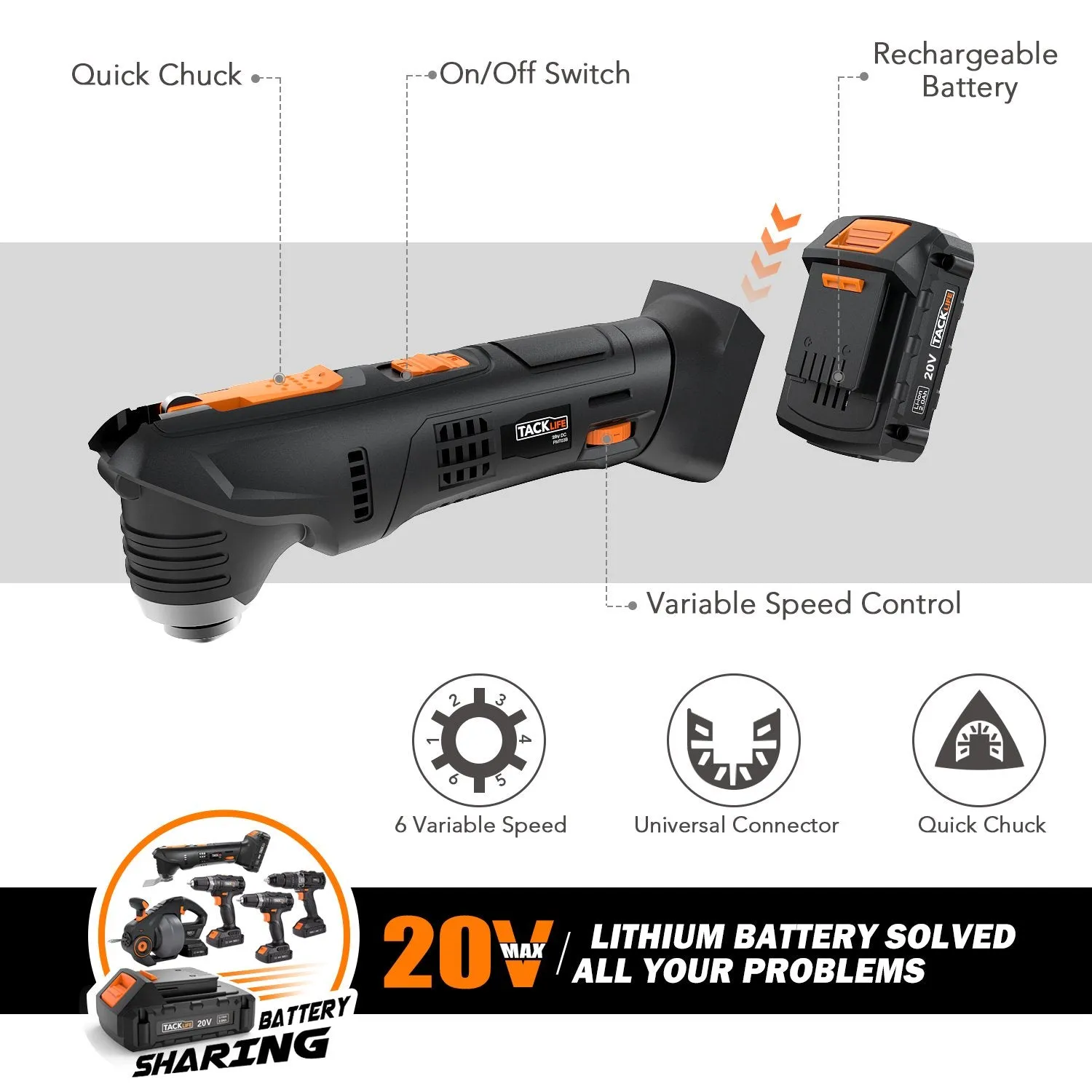 Oscillating Tool, 20V Max Cordless Multifunctional Tool, 2.0Ah Lithium-Ion Battery, 6 Variable Speed