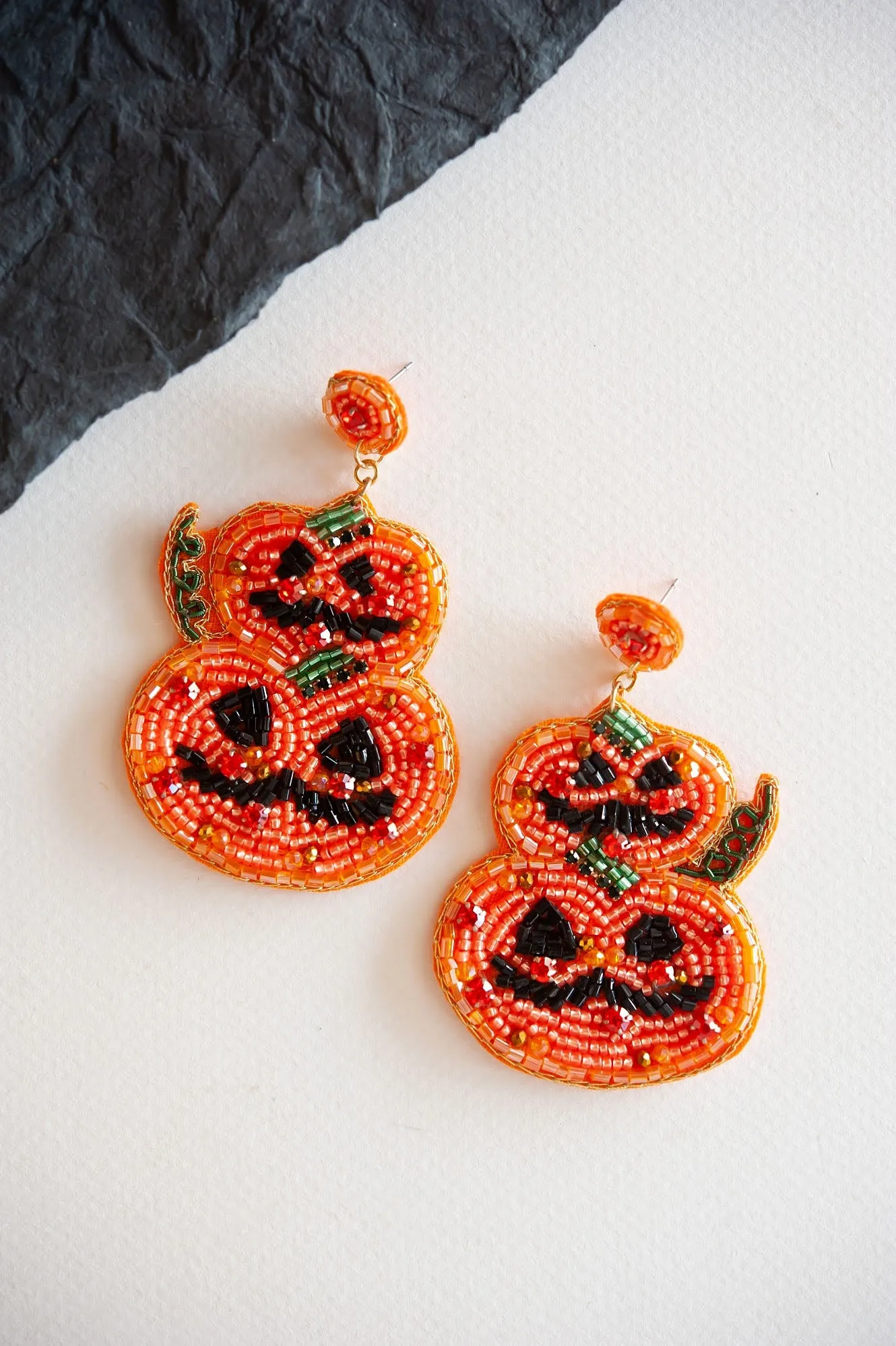 Pumpkin Duo Halloween Dangle | Beaded Jack'O'Lantern Earring