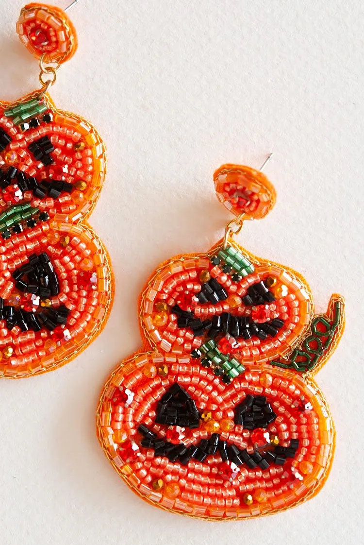 Pumpkin Duo Halloween Dangle | Beaded Jack'O'Lantern Earring