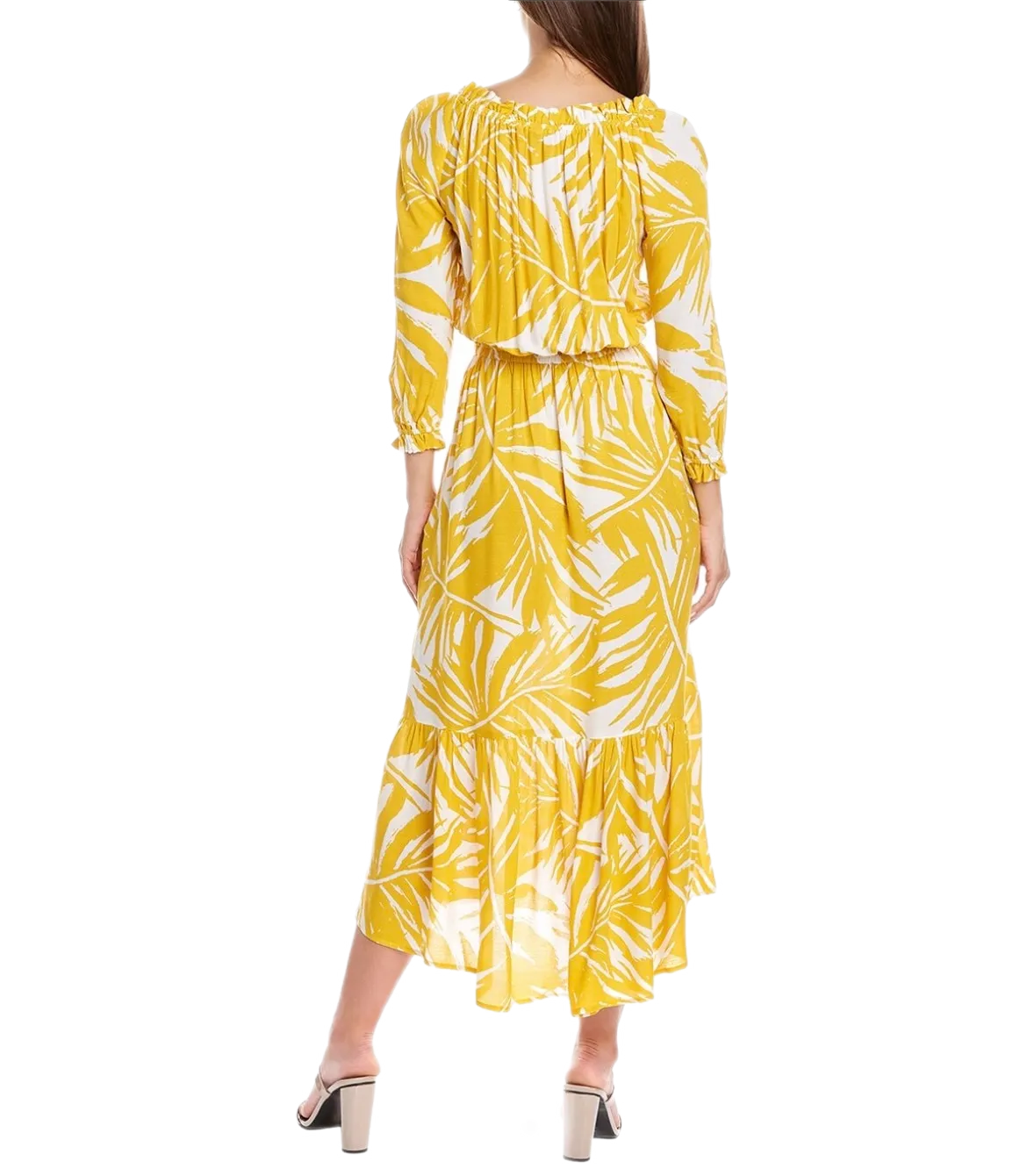 Ruffled Printed Dress with elastic waist and self belt in black and golden yellow scroll print print