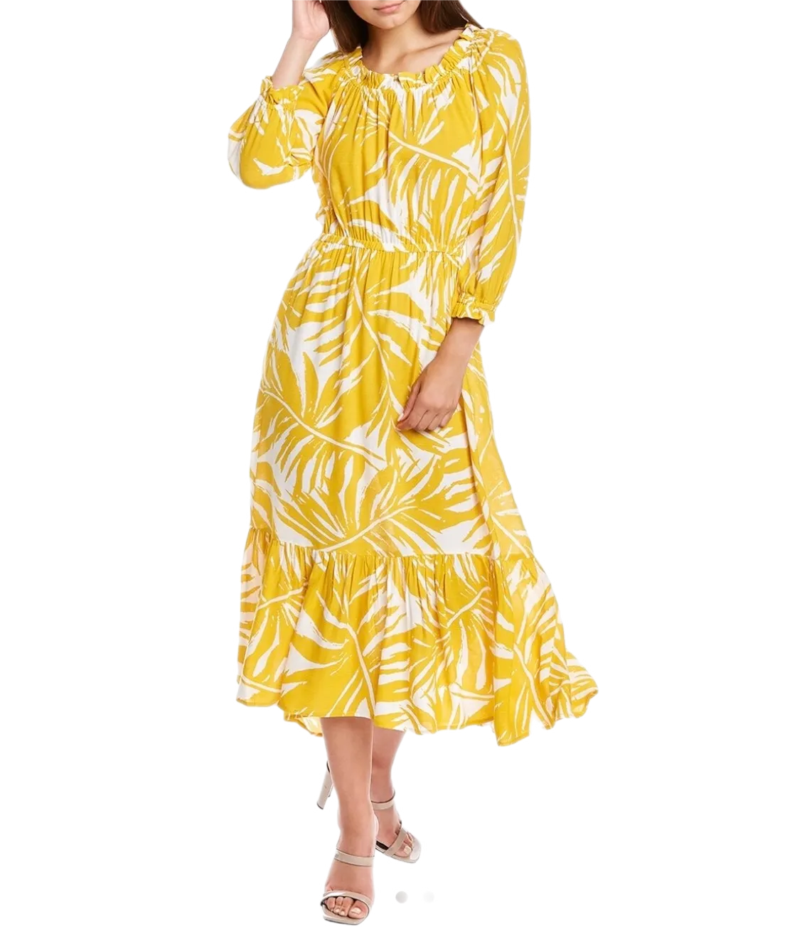 Ruffled Printed Dress with elastic waist and self belt in black and golden yellow scroll print print