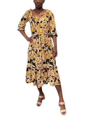 Ruffled Printed Dress with elastic waist and self belt in black and golden yellow scroll print print