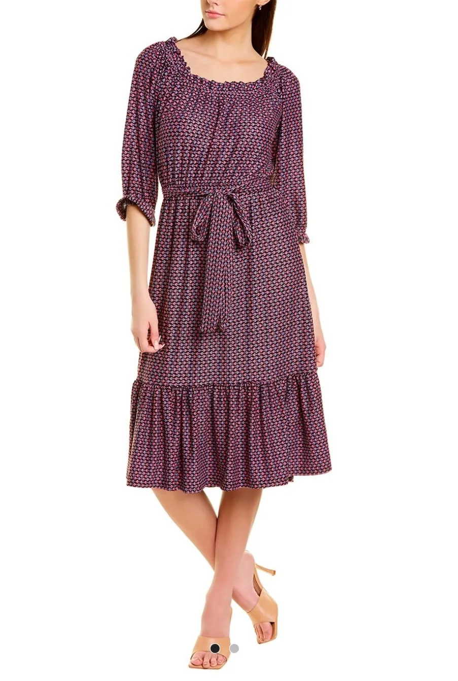 Ruffled Printed Dress with elastic waist and self belt in black/purple/pink tile print print