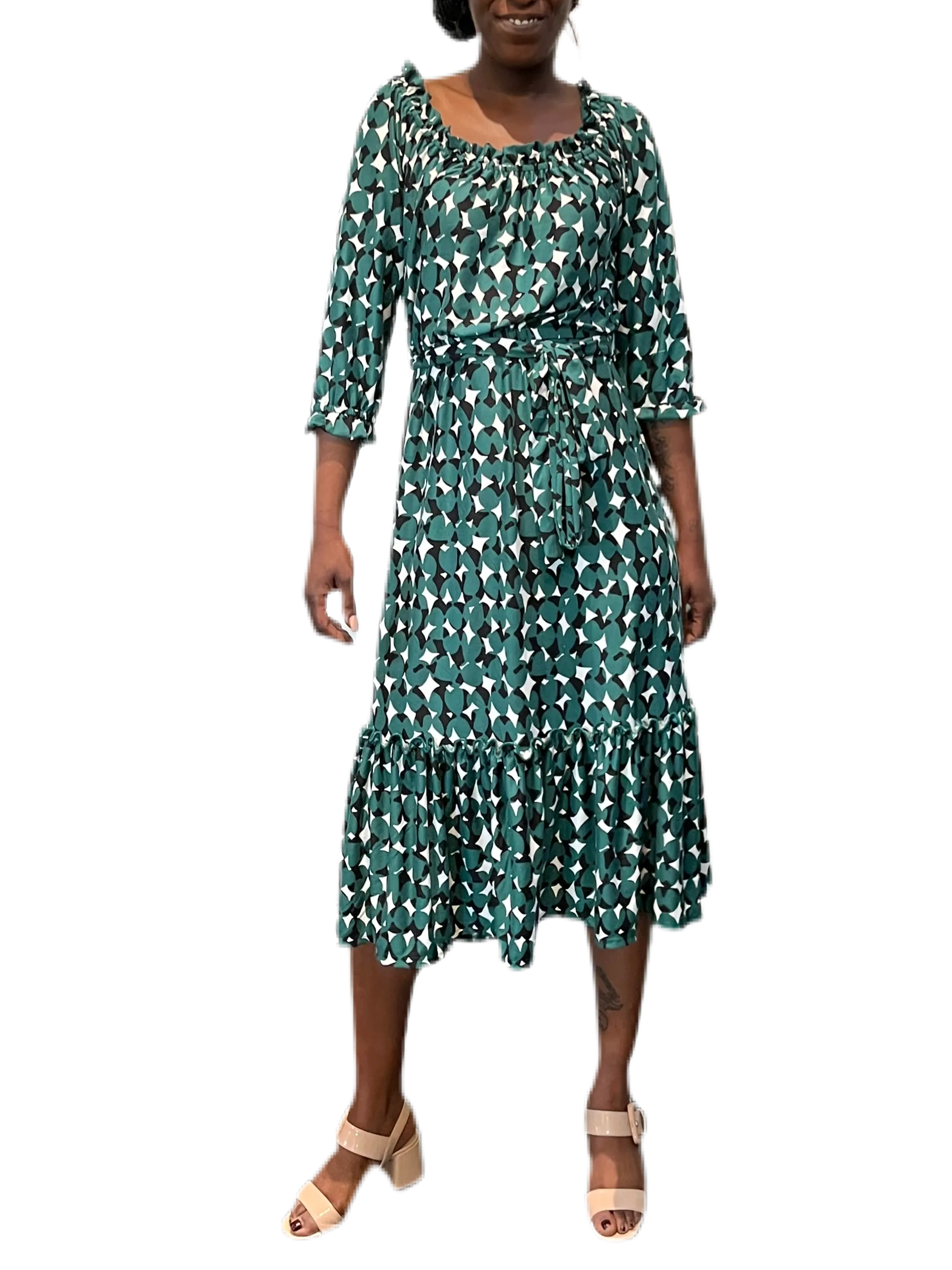 Ruffled Printed Dress with elastic waist and self belt in green and black seeds print