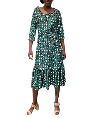 Ruffled Printed Dress with elastic waist and self belt in green and black seeds print