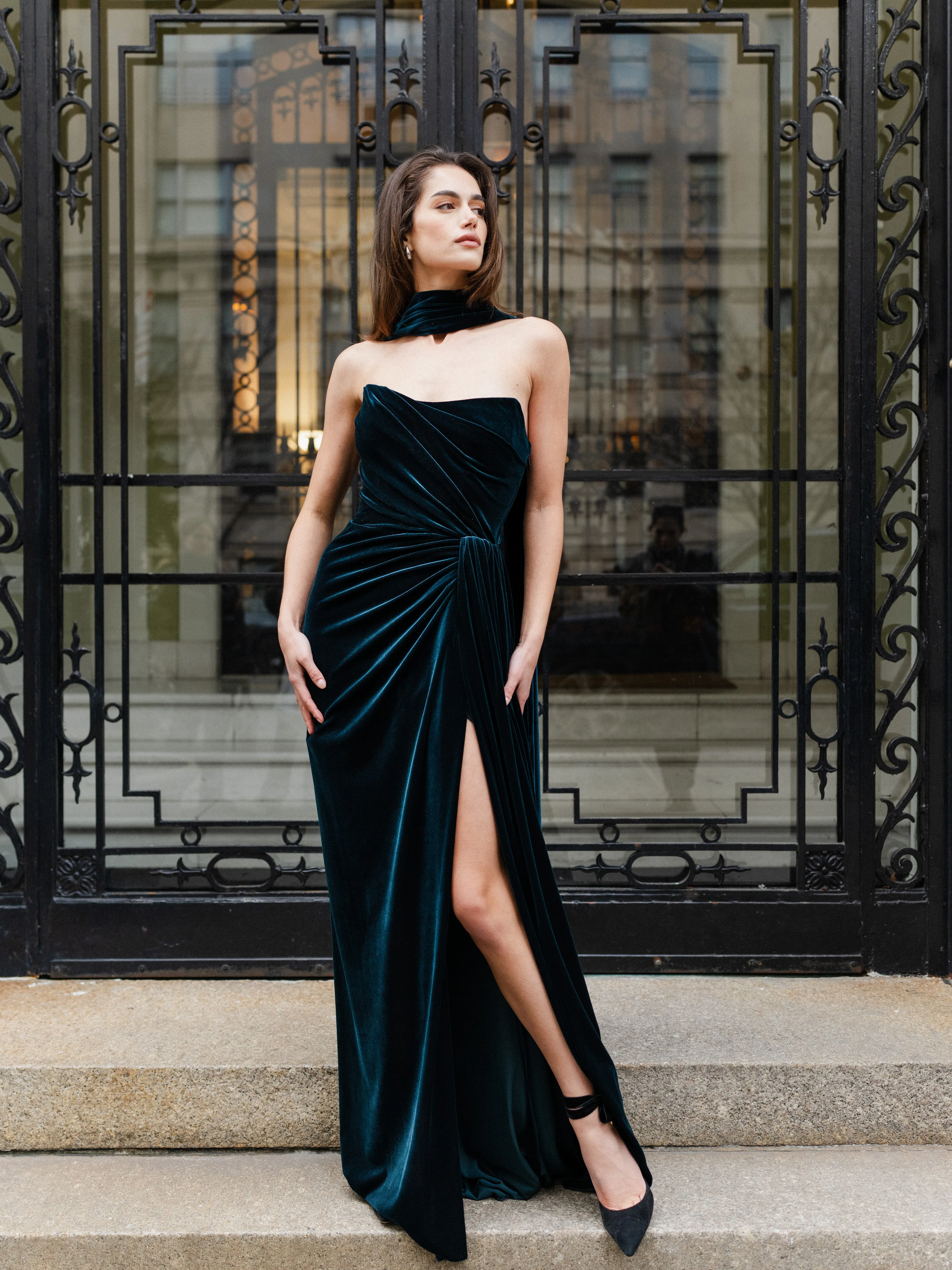 Strapless Velour Gown With Scarf