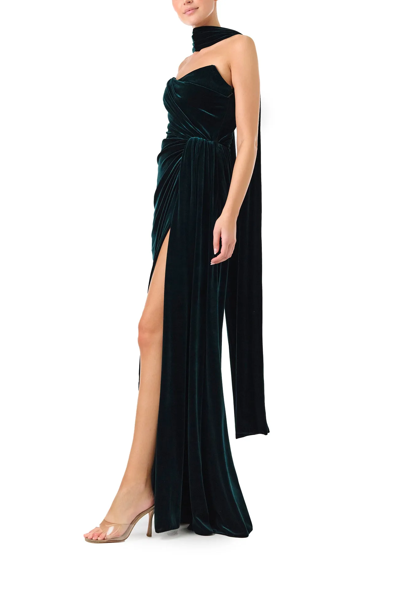 Strapless Velour Gown With Scarf