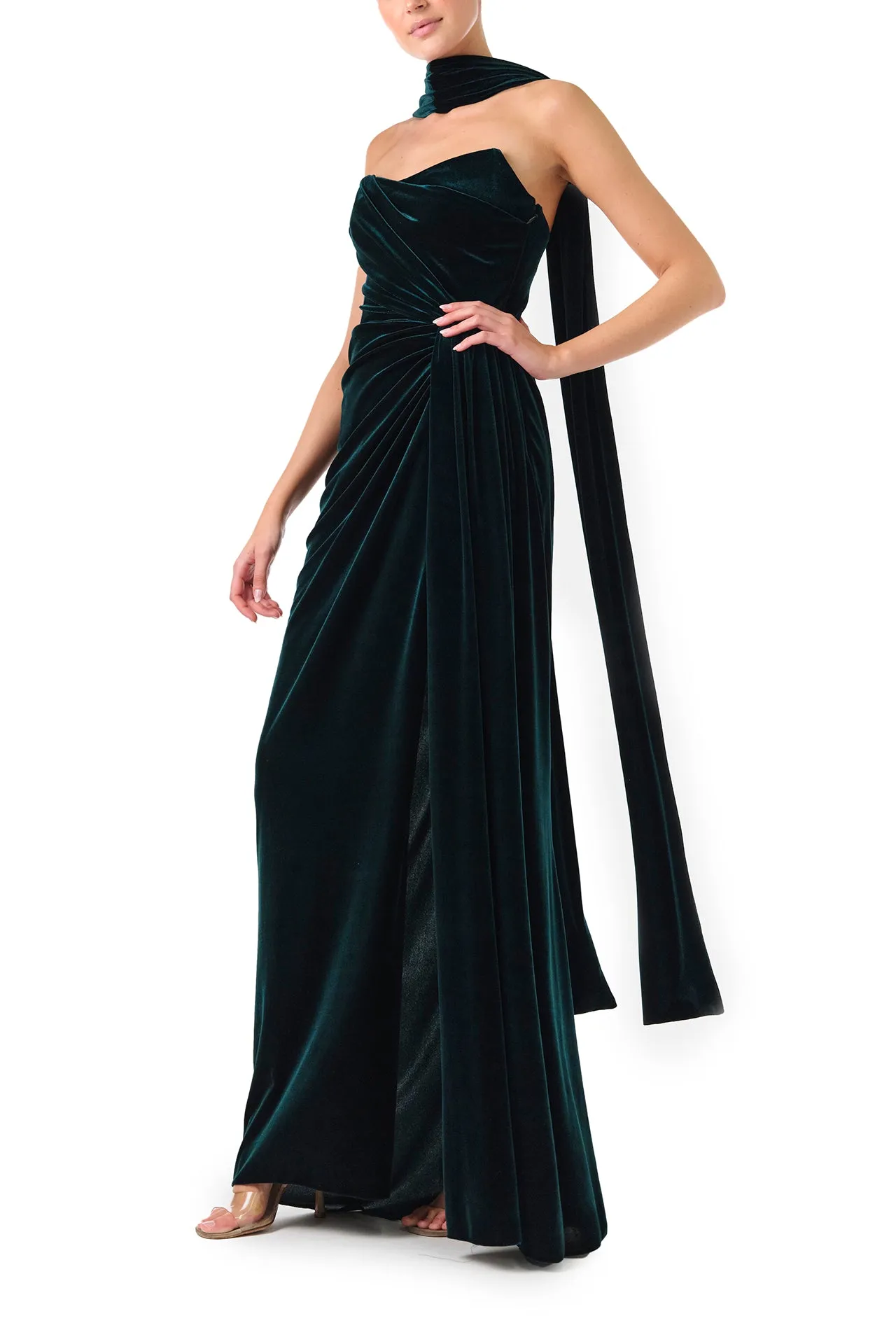 Strapless Velour Gown With Scarf